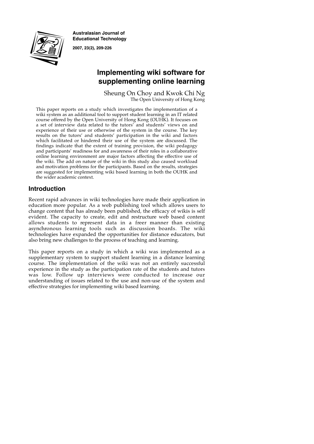 Implementing Wiki Software for Supplementing Online Learning Sheung on Choy and Kwok Chi Ng the Open University of Hong Kong