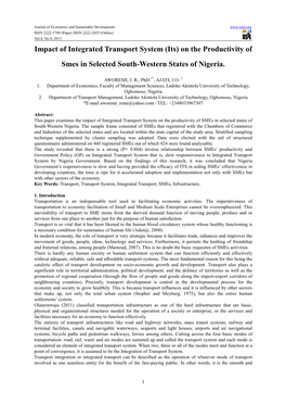 Impact of Integrated Transport System (Its) on the Productivity of Smes in Selected South-Western States of Nigeria