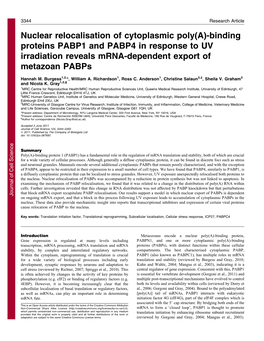 Binding Proteins PABP1 and PABP4 in Response to UV Irradiation Reveals Mrna-Dependent Export of Metazoan Pabps