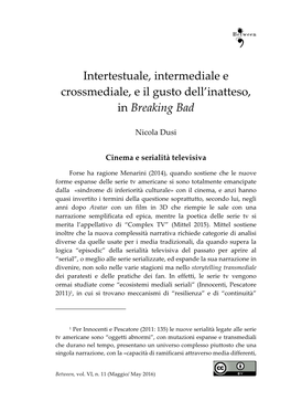 Intertestuale, Intermediale E Crossmediale, E Il Gusto Dell’Inatteso, in Breaking Bad