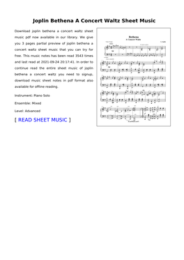 Joplin Bethena a Concert Waltz Sheet Music