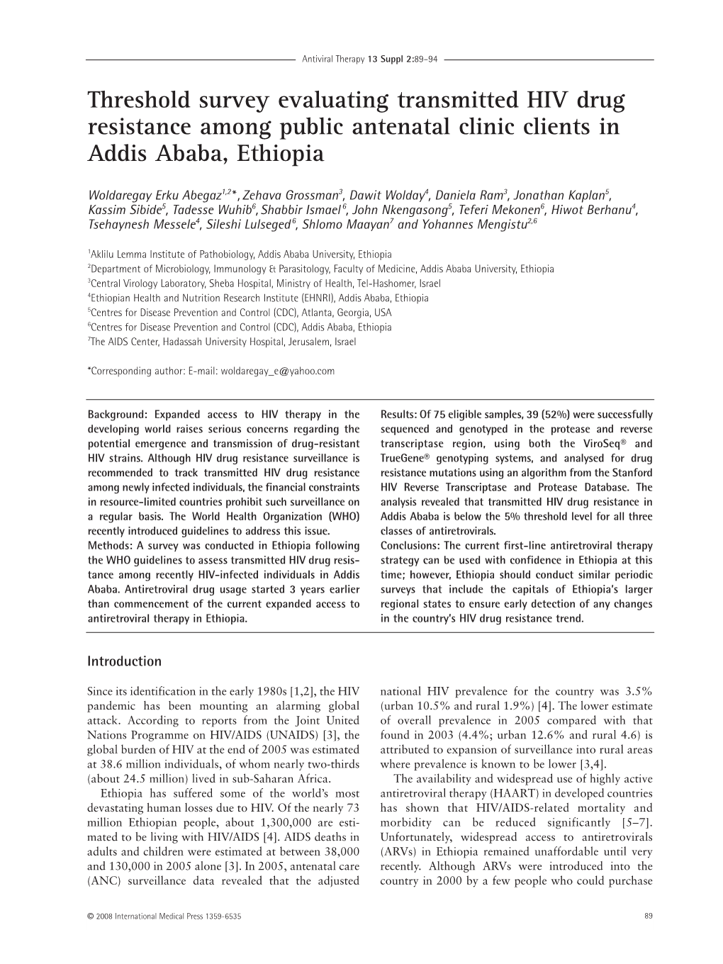 Threshold Survey Evaluating Transmitted HIV Drug Resistance Among Public Antenatal Clinic Clients in Addis Ababa, Ethiopia