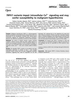 TRPV1 Variants Impair Intracellular Ca2+ Signaling and May Confer Susceptibility to Malignant Hyperthermia