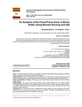 An Analysis of the Flood-Prone Areas in Birnin Kebbi, Using Remote Sensing and GIS