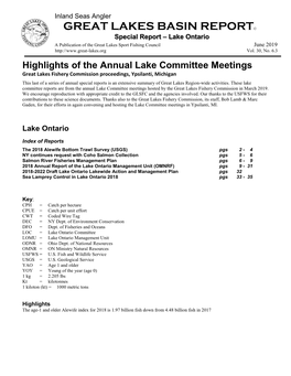 Lake Ontario a Publication of the Great Lakes Sport Fishing Council June 2019 Vol