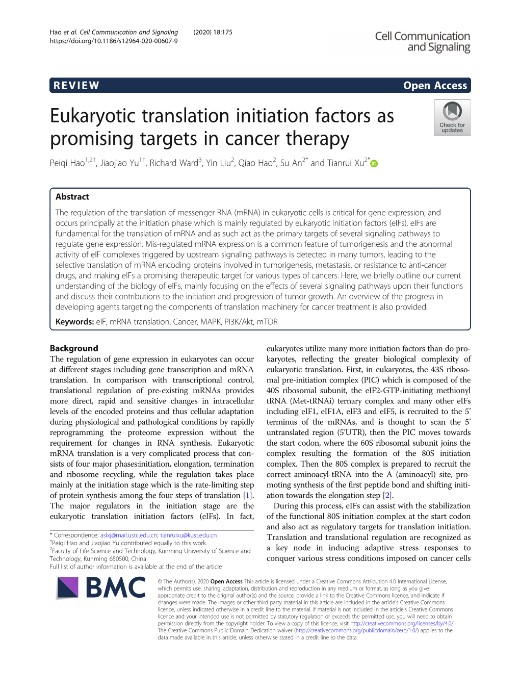 Eukaryotic Translation Initiation Factors As Promising Targets in Cancer Therapy