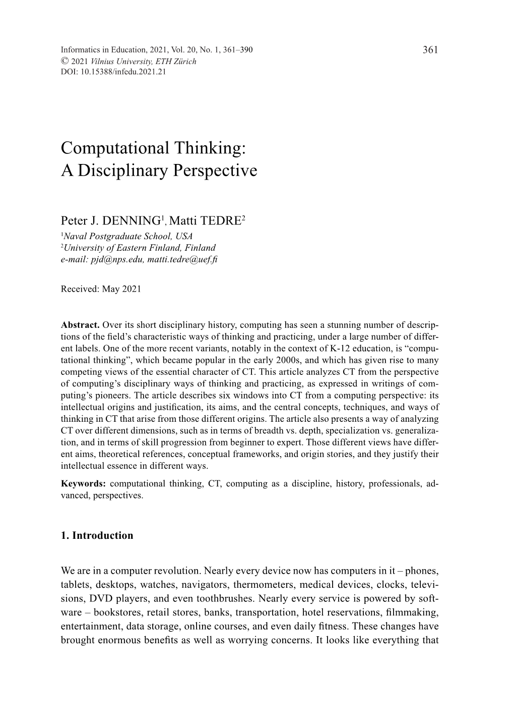 Computational Thinking: a Disciplinary Perspective