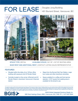 FOR LEASE Douglas Jung Building 401 Burrard Street, Vancouver, BC
