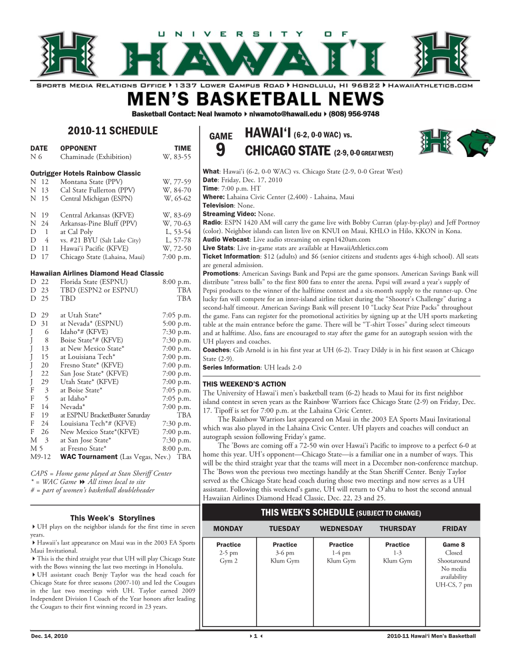 HAWAI'i(6-2, 0-0 WAC) Vs. CHICAGO STATE (2-9, 0-0GREAT WEST)