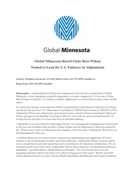 Global Minnesota Board Chair Ross Wilson Named to Lead the U.S. Embassy in Afghanistan