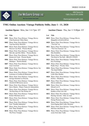 TMG Online Auction: Vintage Publicity Stills; June 1 - 11, 2020