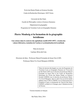 Pierre Monbeig Et La Formation De La Géographie Brésilienne