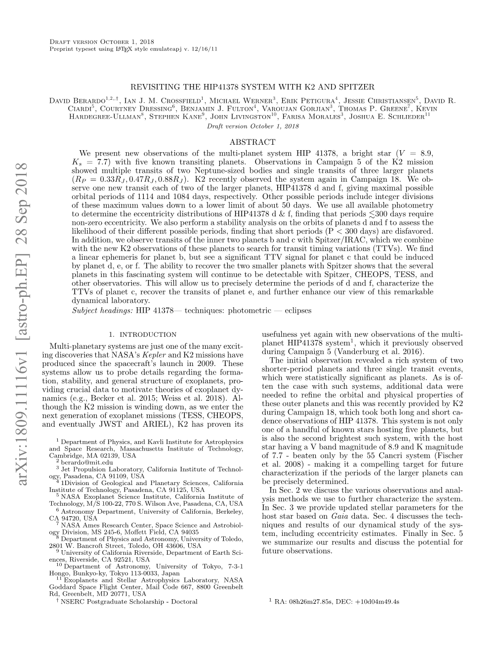 Revisiting the HIP 41378 System with K2 and Spitzer - DocsLib