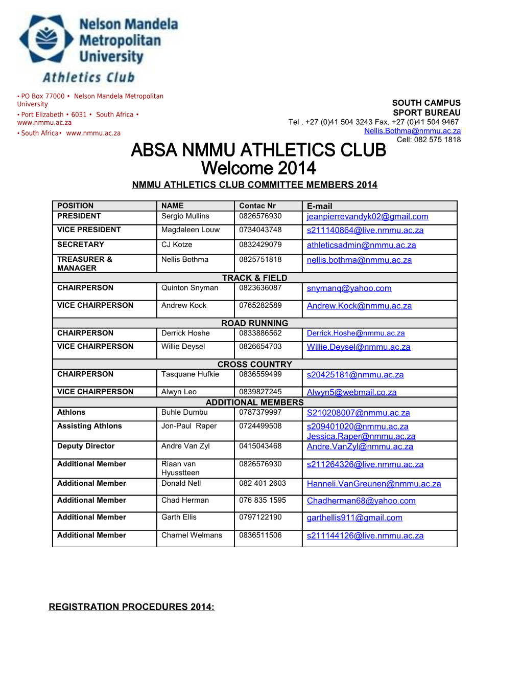 Nmmu Athletics Club Committee Members 2014