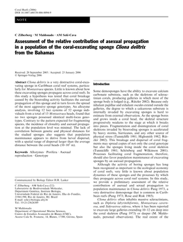 Assessment of the Relative Contribution of Asexual Propagation in a Population of the Coral-Excavating Sponge Cliona Delitrix from the Bahamas