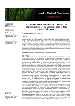 Taxonomic and Ethnomedicinal Analysis of Angiosperm Plants in Kumarankundru Hill, Annur, Coimbatore