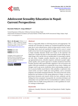 Adolescent Sexuality Education in Nepal: Current Perspectives