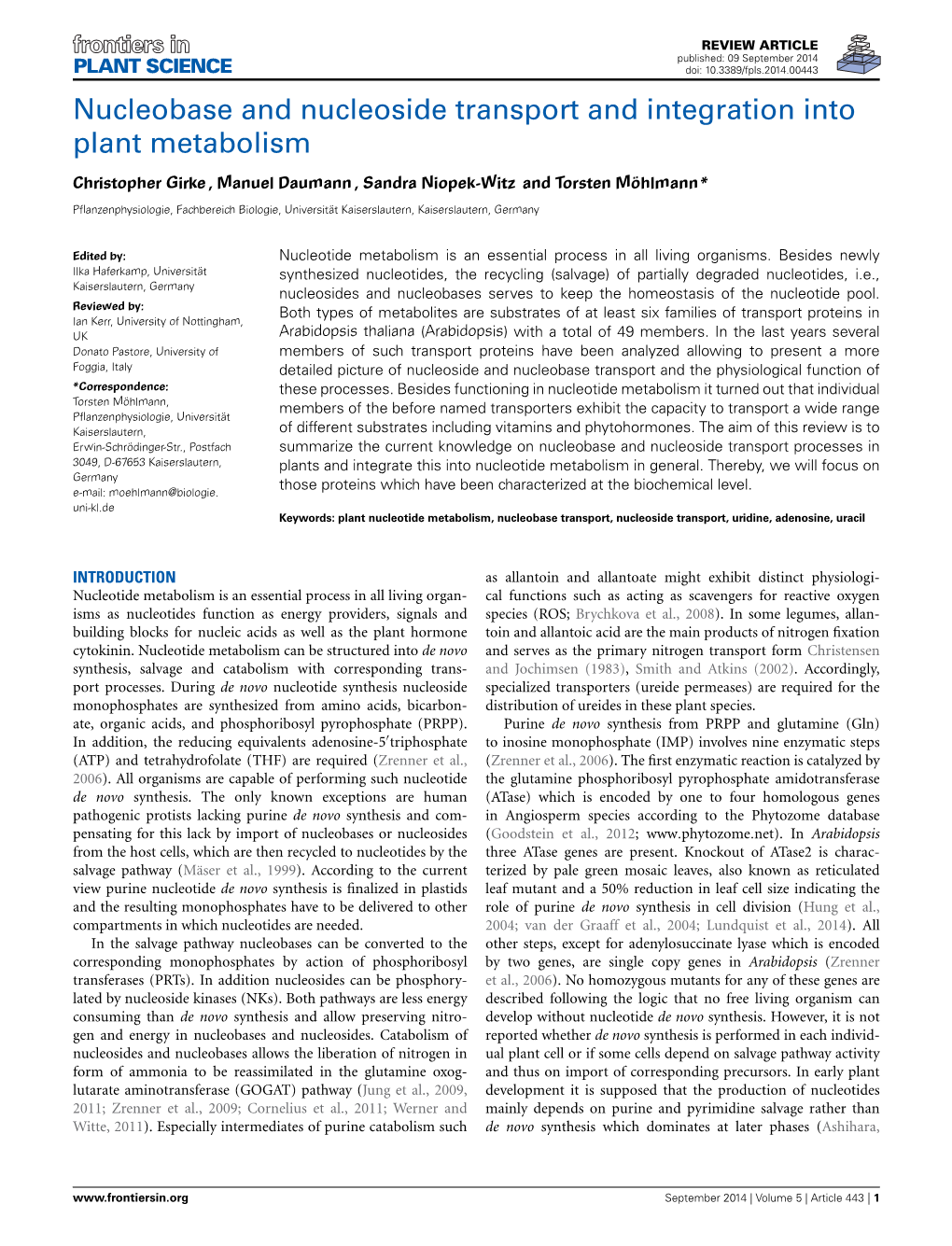 Nucleobase and Nucleoside Transport and Integration Into Plant Metabolism