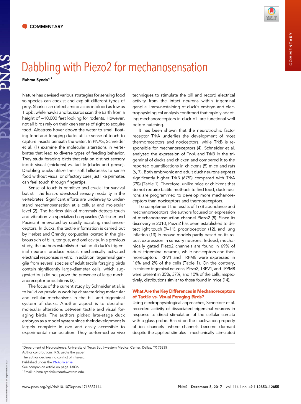 Dabbling with Piezo2 for Mechanosensation COMMENTARY Ruhma Syedaa,1