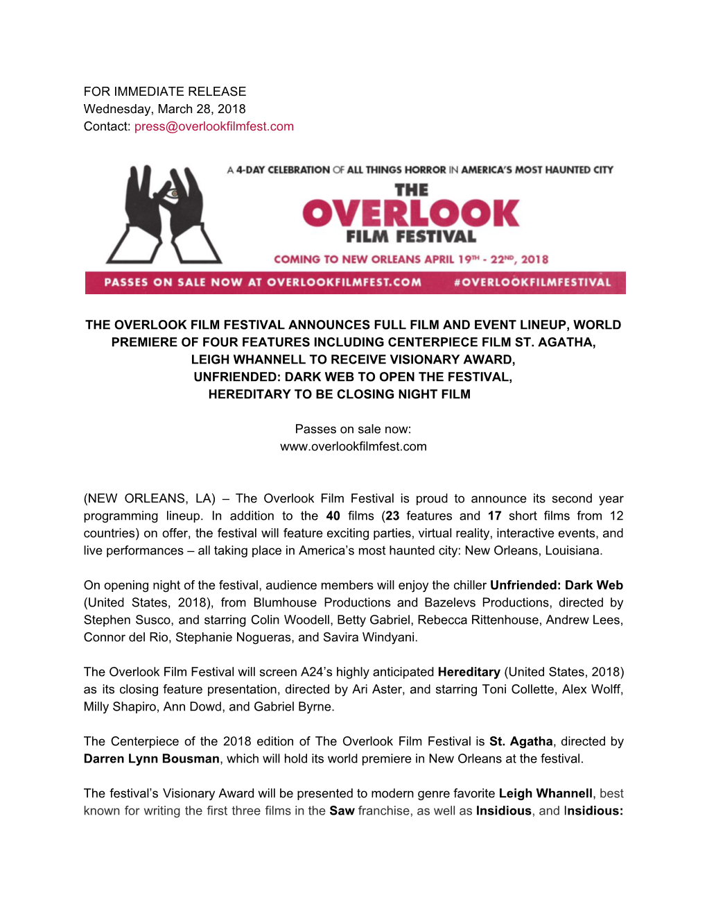 2018 Overlook Film Festival Full Lineup Release 3/28/18