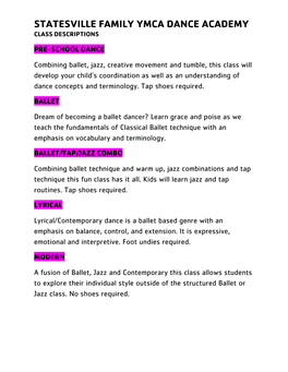 Statesville Family Ymca Dance Academy Class Descriptions