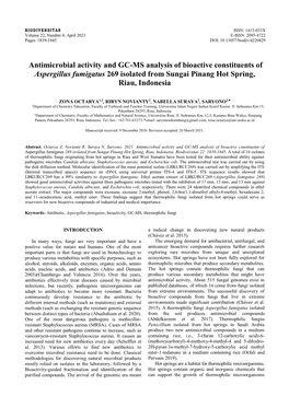Antimicrobial Activity and GC-MS Analysis of Bioactive Constituents of Aspergillus Fumigatus 269 Isolated from Sungai Pinang Hot Spring, Riau, Indonesia
