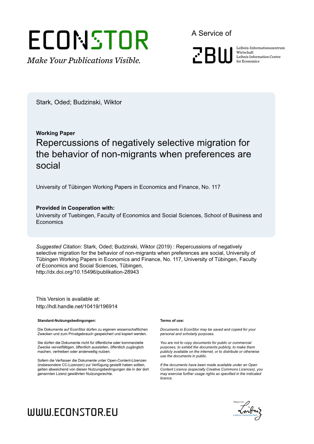 Repercussions of Negatively Selective Migration for the Behavior of Non-Migrants When Preferences Are Social