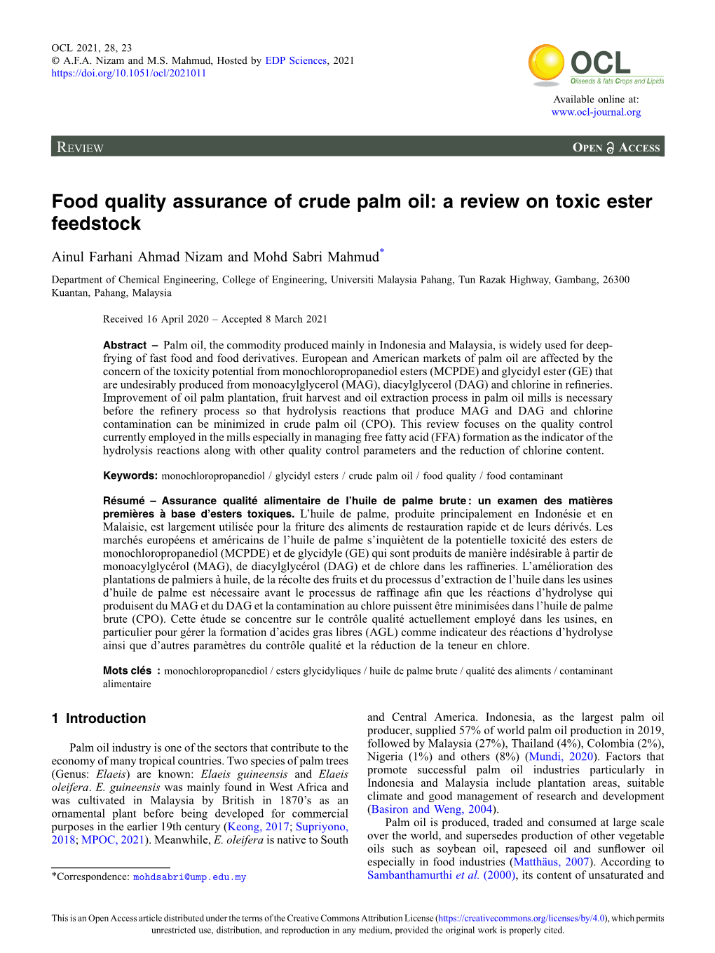 Food Quality Assurance of Crude Palm Oil: a Review on Toxic Ester Feedstock