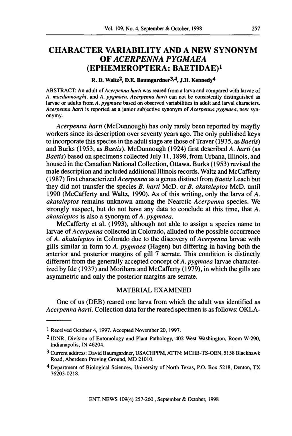 CHARACTER VARIABILITY and a NEW SYNONYM (EPHEMEROPTERA: BAETIDAE)L