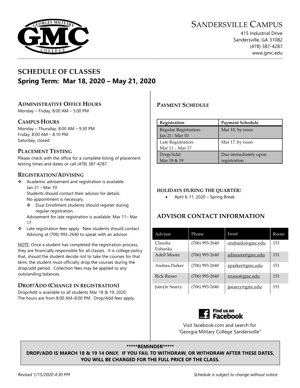 SANDERSVILLE CAMPUS SCHEDULE of CLASSES Spring