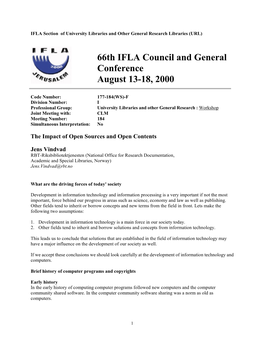 66Th IFLA Council and General Conference August 13-18, 2000