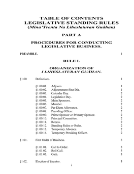 TABLE of CONTENTS LEGISLATIVE STANDING RULES (Mina’Trenta Na Liheslaturan Guåhan)