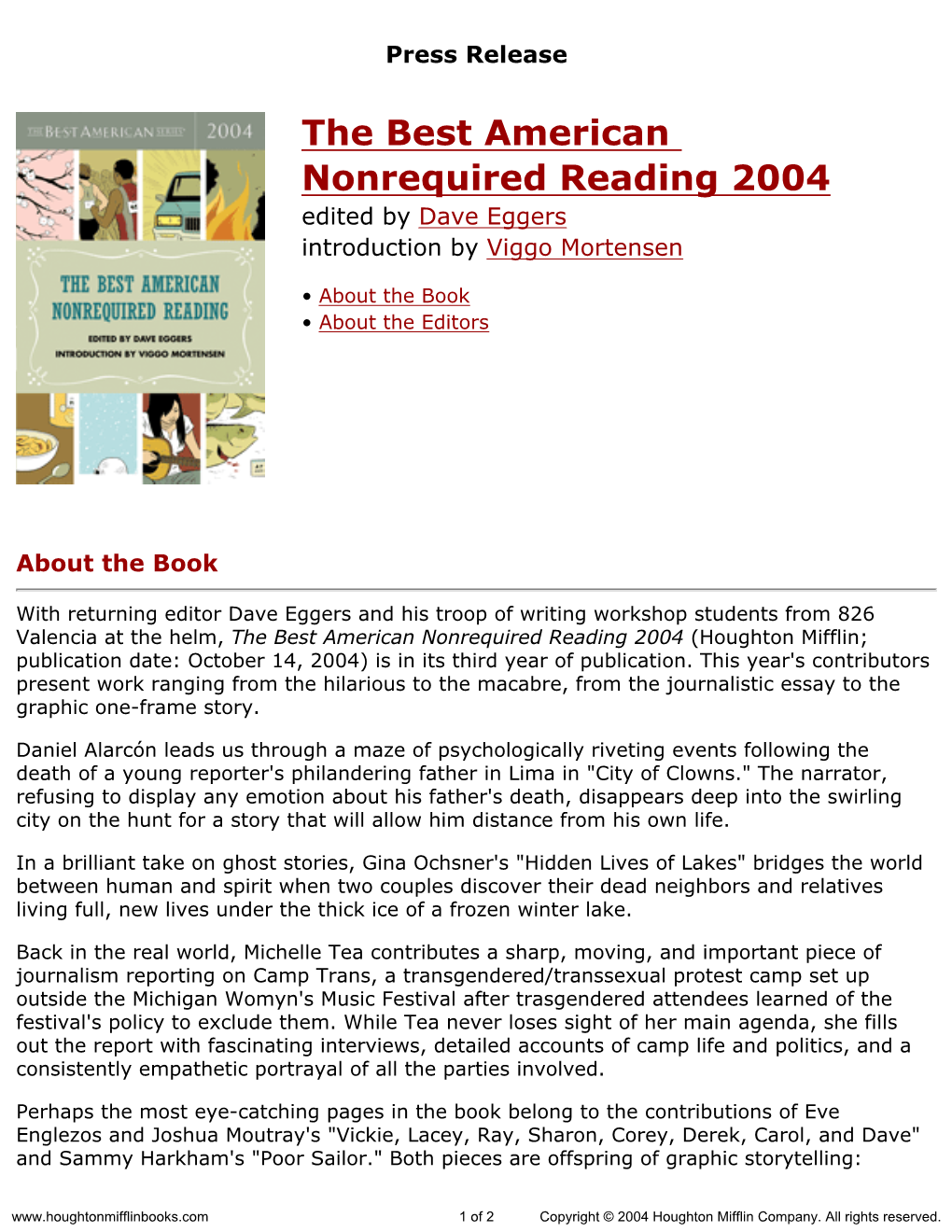 Press Release for the Best American Nonrequired Reading 2004 Edited