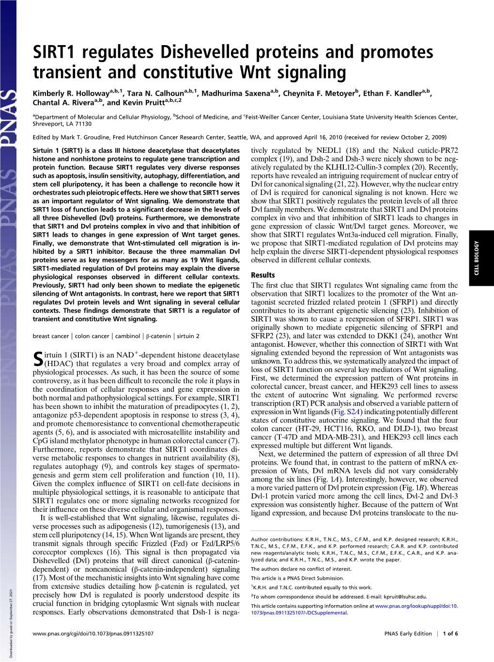 SIRT1 Regulates Dishevelled Proteins and Promotes Transient and Constitutive Wnt Signaling