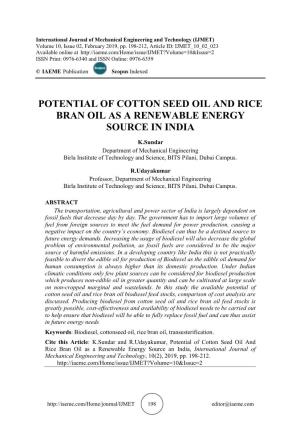 Potential of Cotton Seed Oil and Rice Bran Oil As a Renewable Energy Source in India