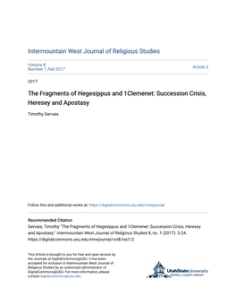 The Fragments of Hegesippus and 1Clemenet: Succession Crisis, Heresey and Apostasy