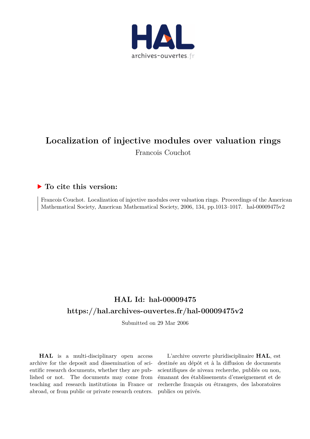 Localization of Injective Modules Over Valuation Rings Francois Couchot