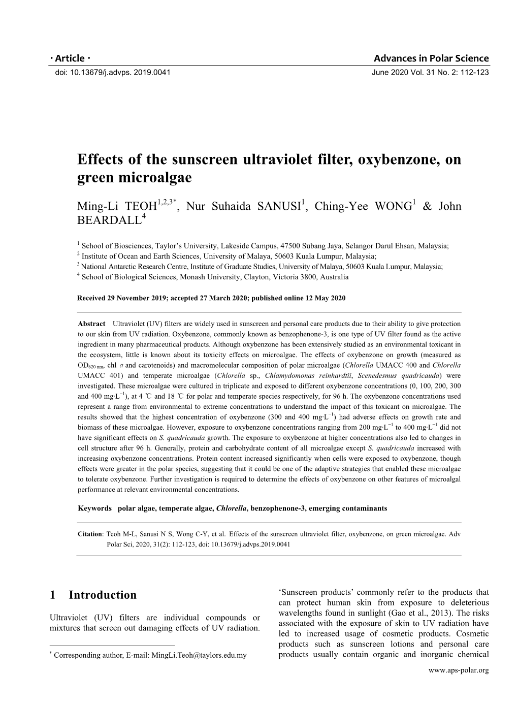 Effects of the Sunscreen Ultraviolet Filter, Oxybenzone, on Green Microalgae