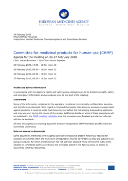 (CHMP) Agenda for the Meeting on 24-27 February 2020 Chair: Harald Enzmann – Vice-Chair: Bruno Sepodes