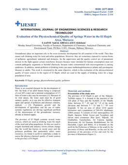 Evaluation of the Physicochemical Quality of Springs Water in the El