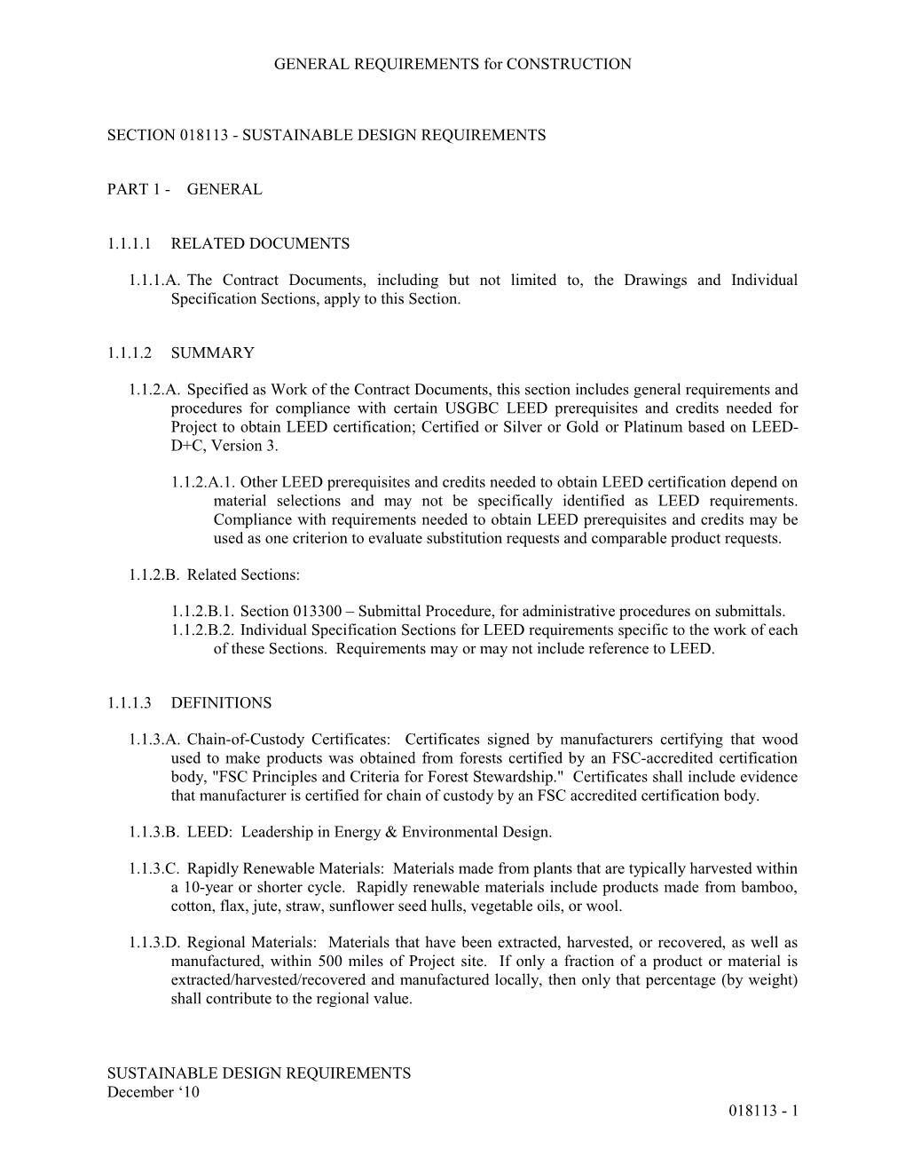 Section 018113 - Sustainable Design Requirements