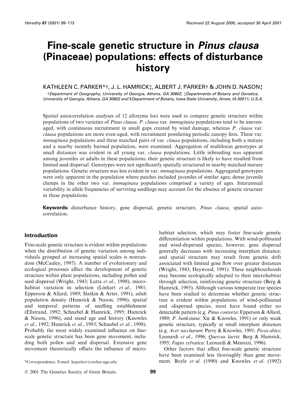 Fine-Scale Genetic Structure in Pinus Clausa (Pinaceae) Populations: Effects of Disturbance History