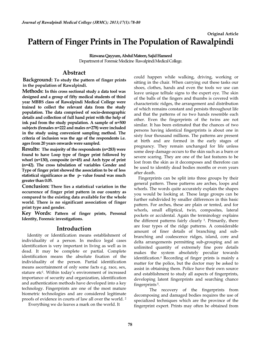 Pattern of Finger Prints in the Population of Rawalpindi