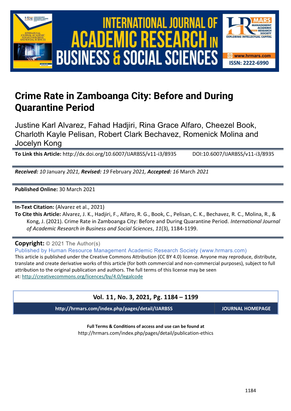 Crime Rate in Zamboanga City: Before and During Quarantine Period