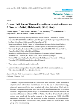 Oximes: Inhibitors of Human Recombinant Acetylcholinesterase