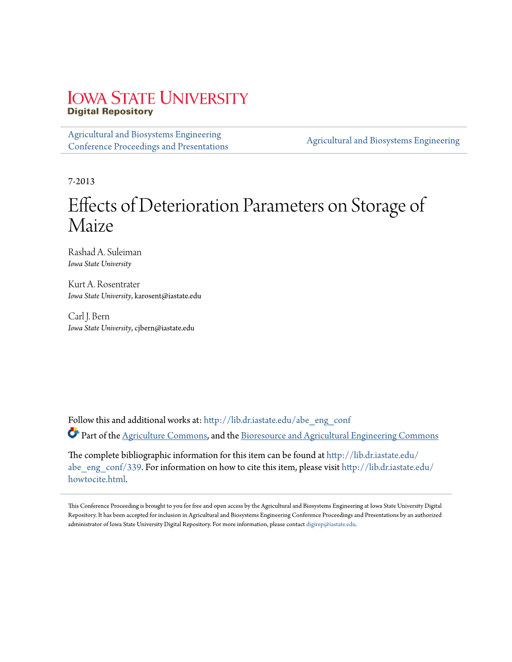 Effects of Deterioration Parameters on Storage of Maize Rashad A