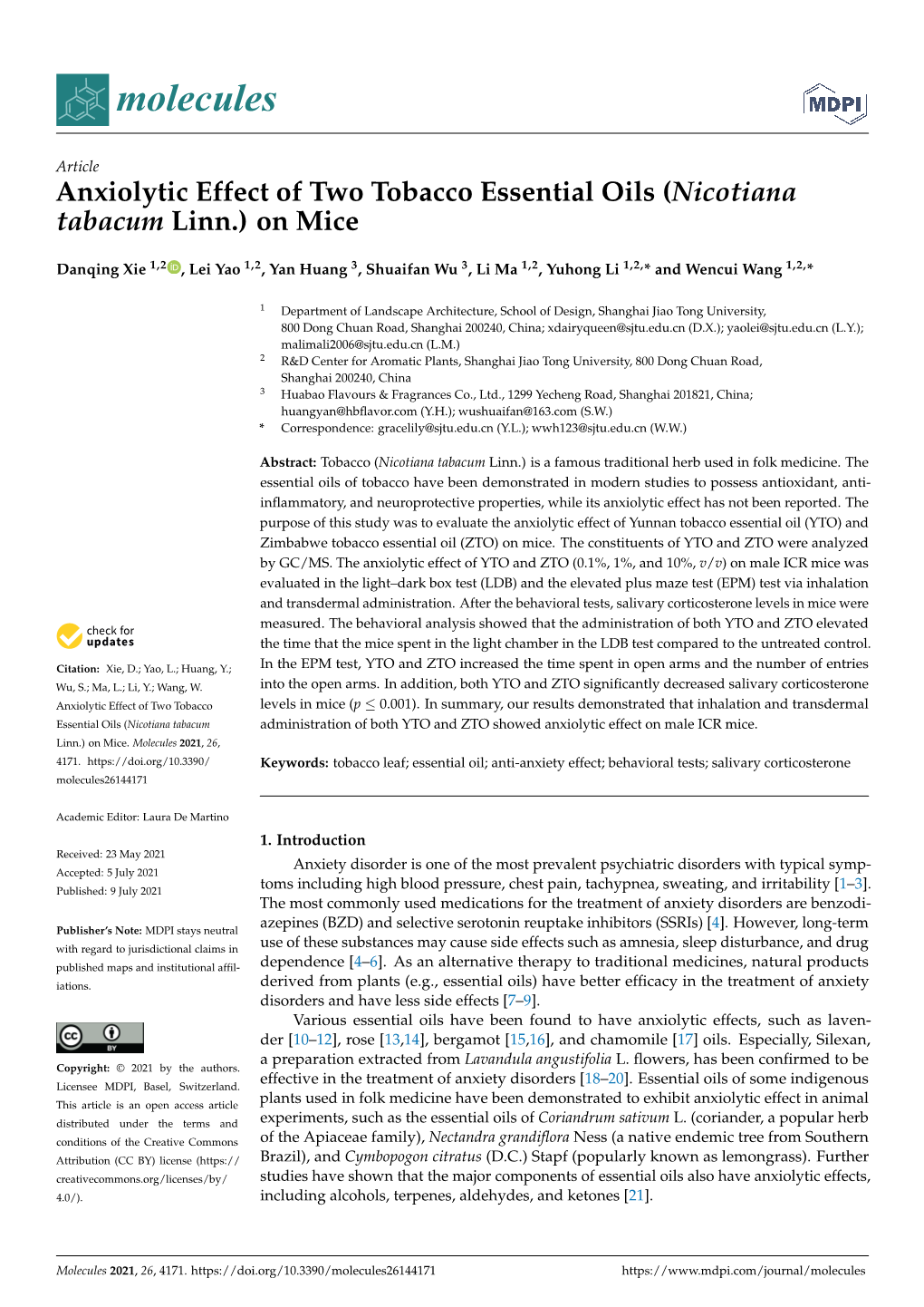 Anxiolytic Effect of Two Tobacco Essential Oils (Nicotiana Tabacum Linn.) on Mice