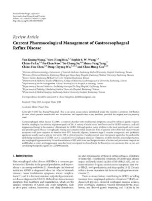 Review Article Current Pharmacological Management of Gastroesophageal Reflux Disease