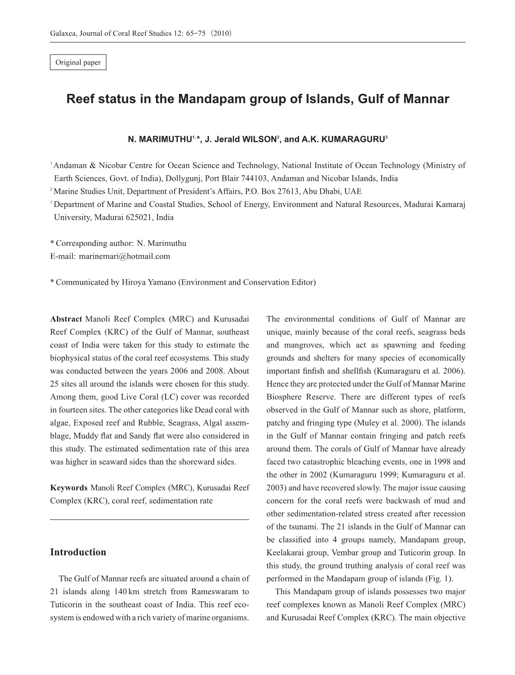 Reef Status in the Mandapam Group of Islands, Gulf of Mannar