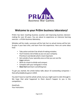 Welcome to Your Prisim Business Laboratory!